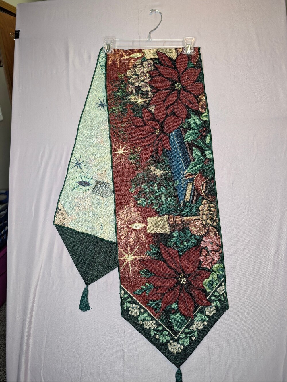 Christmas Tapestry Table Runner Poinsettia Red Green Tasseled Ends Holiday